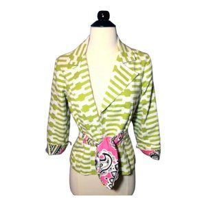 3 Sisters Aria Fitted Blazer Lime Green & White Jacket Wrap Tie Waist ¾ …